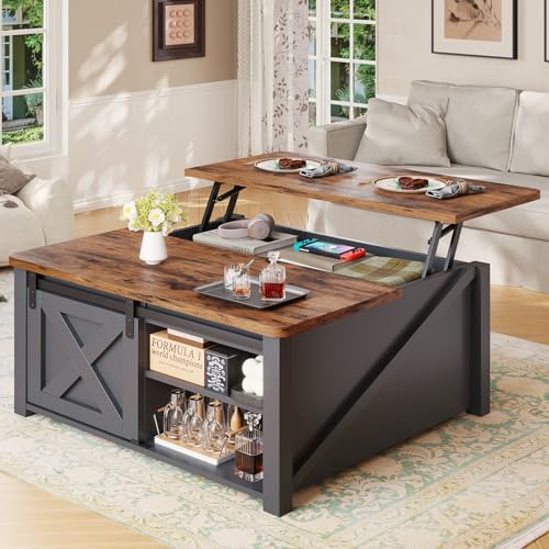 SEDETA 31.5" Lift Top Coffee Table with Storage, Square Coffee Table for Living Room, Farmhouse Coffee Table with Large Hidden Storage Compartment and Adjustable Shelves, Black