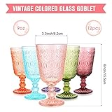 Wine Glasses Set of 12 Vintage Goblet 9 oz Vintage Colored Glass Goblet Beverage Stemmed Glass Cups Romantic Embossed Glassware for Wedding Party Holidays Anniversary (Multi Colors)