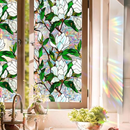 Stained Glass Window Cling,Rainbow Tinted Window Film Sun Blocking,Floral Window Privacy Faux Stained Glass Stickers, Magnolia Flower Stained Glass Window Decal for Home (E, 17" W x 78.74" L)