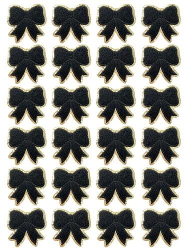 24 Pack Bow Chenille Patches,Black Coquette Iron on Patches for Clothes Embroidery Fabric Patches for Jean Backpack Hat Jacket Shoe Girl Decorative Applique (Black)