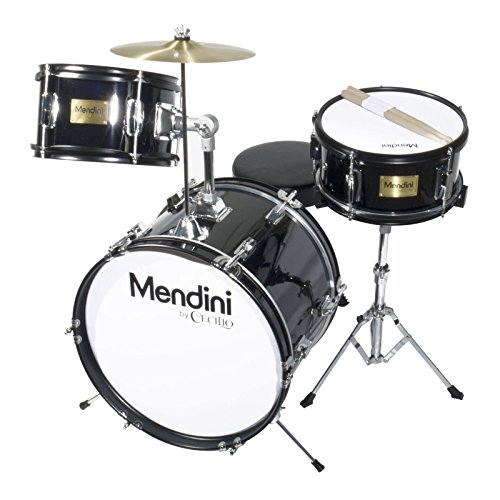 Mendini By Cecilio Kids Drum Set, 3 Piece Junior Drum Set for Beginners with Bass Tom Snare Drum, 16 inch Drum Kit with Snare, Cymbal, Drumsticks, Adjustable Seat (Metallic Black)
