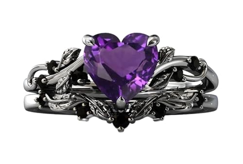 Generic Heart Shaped Amethyst Engagement Ring Set For Women Art Deco Amethyst Wedding Ring Set Antique Vine Leaf Design Bridal Ring Set Gift For Her (ROSE GOLD, 9), Purple