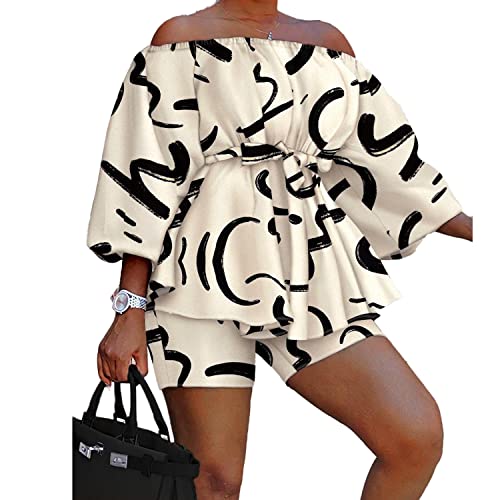 Summer Two Piece Outfits for Women Casual Floral Print Long Sleeve Shirt Tops Shorts Set Khaki