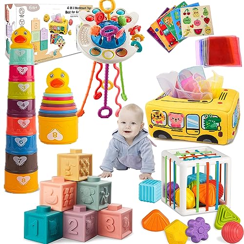 Baby toys 6 to 12 months, Montessori toys for 1 year old, Silicone Pull String Teething Toys, Stacking Building Blocks Infant Toddler Toys 0-3, Color Shape Bin Sensory Toys, Baby boys&girls gifts