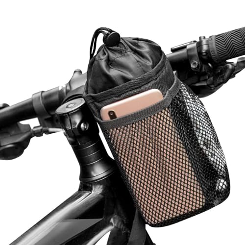 2PCS Bike Water Bottle Holder Bag, Caudblor Insulated Bicycle Coffee Cup Holders with Phone Storage, Black Handlebar Drink/Beverage Container for Walker/Cruiser/Exercise/Mountain Bike