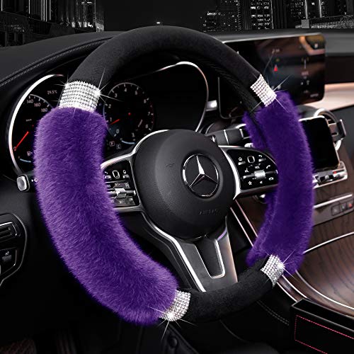 Achiou Rhinestone Fluffy Steering Wheel Cover - Comfortable Non-Slip Luxury Faux Wool, Universal Fit for 14.5" to 15" Steering Wheels