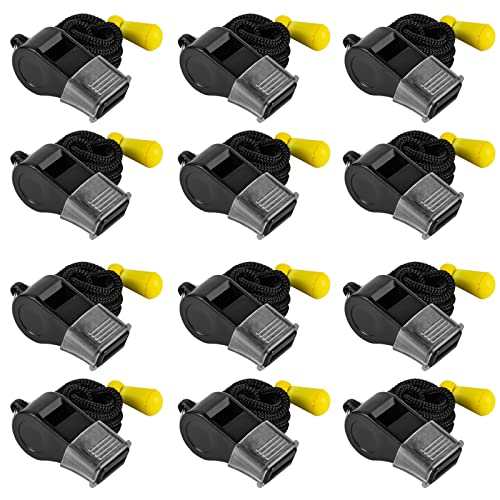 MISUYACO 12 Pack Sport Whistles with Lanyar for Coaches, Referees and Officials, Loud Crisp Sound (12 Pcs(Black))