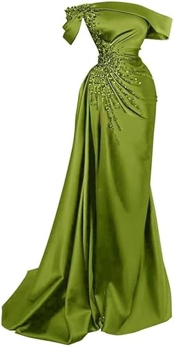 Off The Shoulder Prom Dresses 2025 Long Ball Gown Side Slit Lace Mermaid Satin Formal Dresses with Beads Appliques for Women Olive Green 6