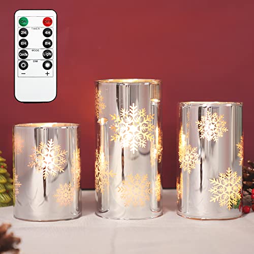 GORGE MOMENT Flameless Candles with Remote, Christmas Holiday LED Flickering Candles, Snowflake Candle Glass, Battery Operated, Xmas Gift Decorations Bathroom Home Party Decor [x3]