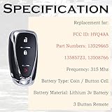 Key Fob Replacement Fits for Chevy Equinox 2018-2021 Sonic 2017-2019 Spark 2016-2020 Push Start 3 Button Smart Proximity Keyless Entry Remote Control HYQ4AA 13529665 13585723 13508766