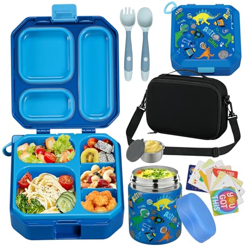 wiwens Bento Lunch Box for Kids with 12oz Soup Thermo Leak-Proof Lunch Food Container with 5 Compartment Thermo Hot Food Jar and Insulated Lunch Bag for Kid Toddler Girls Boys to School