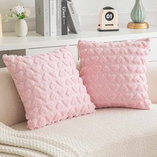 AQOTHES Set of 2 Heart Love Cute Pink Decorative Valentines Throw Pillow Covers 20x20, Soft Plush Faux Fur Wool Pillow Covers for Couch Sofa Home