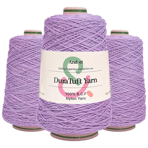 And-et DuraTuft Yarn 45 Vibrant Colors Tufting Nylon Yarn Pack - Ideal for Crochet, Craft Projects -100% B.C.F. - 3 Cones x 1.66lbs -180yards -Perfect for Rug Weaving and Knitting (25 Purple)