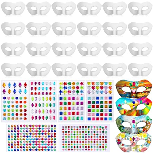 Leyndo 24 Pack Paper Mache Mask and Gem Stickers Mardi Gras Blank Mask to Decorate Self Adhesive Sticker White Craft