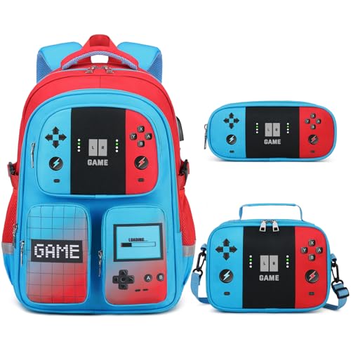 Jafeton School Backpack for Boys, 3 PCS Gamer Boy Backpack Set with Lunch Box & Pencil Pouch, Waterproof Schoolbag for Boys Kids Children Teens, Elementary Middle School, Kids Bookbag Casual Daypack