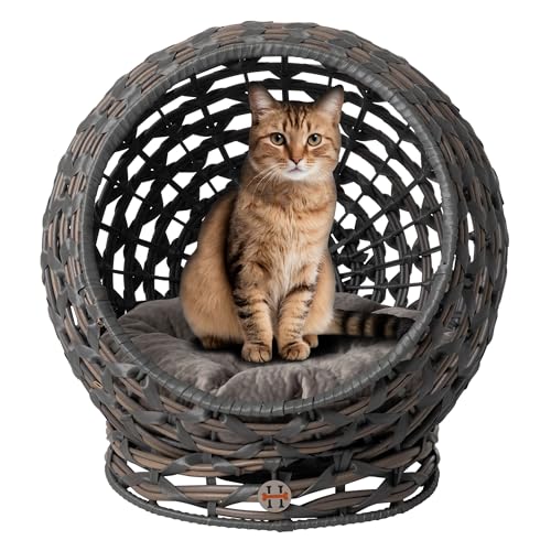 Huntley Equestrian Pet Rattan Cat Bed Condo, Elevated with Round Cushion, Grey (02196)