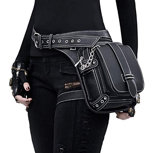 RainboSee Gothic Waist Bag Punk Tactical Drop Leg Bag Outdoor Bike Motorcycle Cycling Hiking Fanny Pack Hip/Thigh Pouch Shoulder Bag Black (Black Chain)