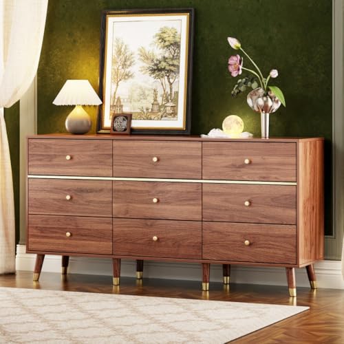 Chrangmay 9 Drawer Dresser,63" Wide Mid Century Modern Chest of Drawers,Wooden Bedroom Drawer Dresser with 9 Storage Drawers for Bedroom, Living Room,with Anti-Tipping Device,Umber