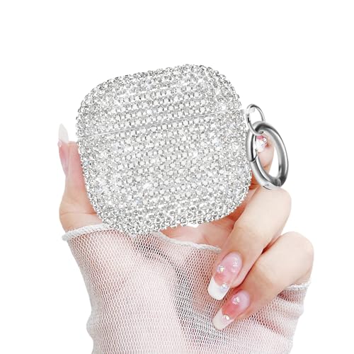 Newseego for Airpods 4 Generation Case, Luxury Sparkly Bling Rhinestone Case with Keychain for Women Girls Anti-Lost Glitter Crystal Hard PC Shockproof Full Protective Cover for Airpods 4th-Silver