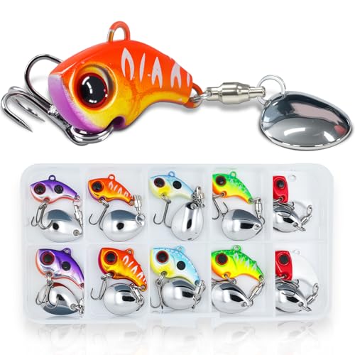 10pcs Vib Metal Fishing Spoons Kit, Spinner Baits for Bass Fishing, Trout Lures, Ice Fishing Jig, Rooster Tail Lures, Salmon, Two-Way Blade, Anti-Tangle