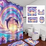 Dreamy Nautical Ocean Dolphins Shower Curtain Sets 4 Pcs,Watercolor Anime Colorful Rainbow Sunset Pink Orchids Dolphins Bathroom Decor with Rugs Include Waterproof Non-Slip Toilet Lid Cover Bath Mat