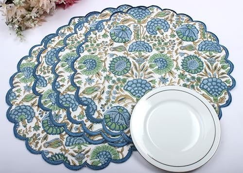 Ridhi Bo-ho Round Place Mat Easter Floral Cotton Washable Placemats 15" Round Embroidery Block Print Table Mat (Pack of 4-15 Inch Round, Asparagus Green)