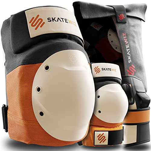 SKATEWIZ Knee and Elbow Pads Adult - Skating Protective Gear Adult Knee and Elbow Pads Set with Wrist Pads - SHIELD - Size M/L Orange - Roller Skate Protective Gear for Women & Men