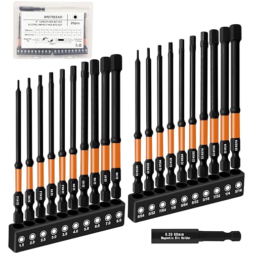 Impact 4’’ Long Hex Head Allen Wrench Drill Bit Set 20PCS(Metric & SAE), 1/4’’ Hex Shank S2 Steel Hex Bit Set, CNC Machined Tips with Extension Socket and Storage Box