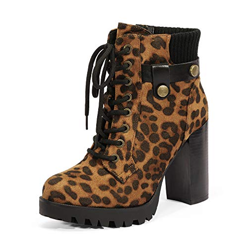 DREAM PAIRS Women's Lace up Combat Ankle Boots High Chunky Heel Fashion Heeled Booties Shoes,Size 6,Leopard,SCANDL