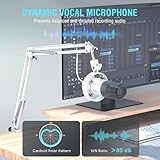 FIFINE Dynamic Microphone with Boom Arm, Studio Vocal XLR Microphone, Podcast USB Mic Kit for PC with Mute Button, Volume Knob, Headphone Jack, for Streaming Recording-AmpliTank K688CT White