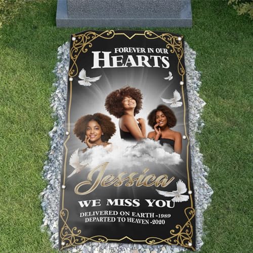 Custom Memorial Grave Blanket Photo Name, Custom Grave Funeral Blanket, Personalized Memory Blanket for Loss of Loved Ones in Heaven (Memory Grave Blanket 02, 1x2 feet)