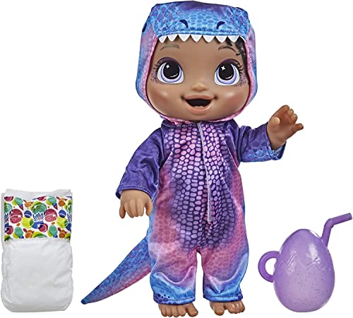 Baby Alive Dino Cuties Doll, Tyrannosaurus, Doll Accessories, Drinks, Wets, T-Rex Dinosaur Toy for Kids Ages 3 Years and Up, Black Hair