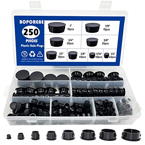 BOPOREAE 250 PCS 8 Sizes Nylon Plastic Hole Plugs Black 1/4, 5/16, 3/8, 1/2, 5/8, 3/4, 7/8, 1 Inch Round Hole, Flush Type Panel Knockout Locking Plugs, Furniture Cabinet Pipe Insert End Covers Caps