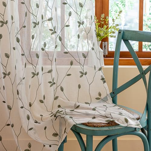 AmHoo 2 Panels Embroidered Leaf Pattern Semi Sheer Curtains Foliage Floral Voile Window Draperies Treatment for Bedroom Living Room Rod Pocket White Sage Green 53 x 84 Inch