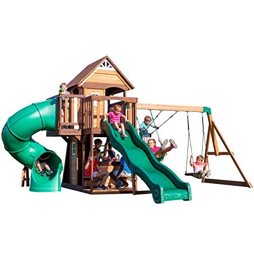 Backyard Discovery Cedar Cove Cedar Wood Swing Set with Spiral Tube Slide, Wave Slide, Clubhouse, Toy Grill, Snack Bar, Rock Wall, Belt Swings, Web Swing, Balcony, Chalkboard, Ladder, Outdoor Playset