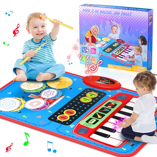 2-in-1 Musical Mat Toys for 1 2 3 4 5 Year Old, Piano Keyboard & Drum Set with 2 Drum Sticks, Early Educational Musical Learning Toys Birthday for 1 2 3 4 5 Year Old Boys & Girls, Blue