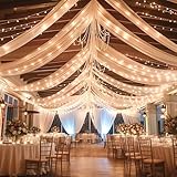 6 Panels Champagne Ceiling Drapes with Lights String for Wedding Ceiling Drapes 5ftx10ft Wedding Draping Fabric Sheer Ceiling Curtains Drapery Wedding Decorations for Home Party Ceremony Stage Swag