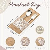 Windyun 100 Pcs 4.1 x 8.9 Inch Wedding Natural Burlap Lace Utensil Holders Pouch Burlap Silverware Cutlery Pouch Tableware Holder Bag for Rustic Wedding Bridal Shower Decorations