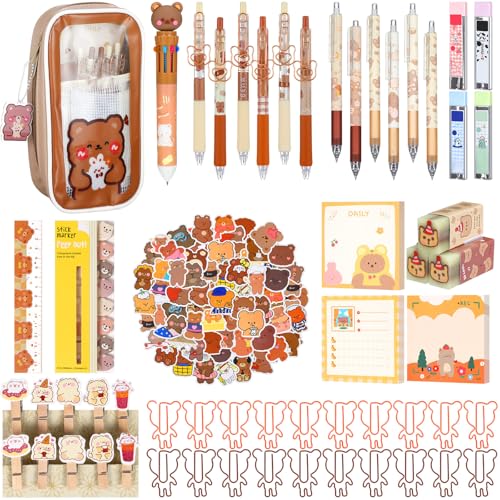 Kosiz 61 Pcs Kawaii Bear Stationery Set Include Pencil Case Gel Ink Pen with Clips Bear Stickers Sticky Notes Bookmark Erasers Mechanical Pencils Pencil Refills Bear Paper Clips for Christmas Gifts