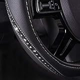 CAR PASS Bling Diamond Black Leather Steering Wheel Cover, Studded Crystal Rhinestones Universal Fit 14" 1/2-15" Glitter for Women Sparkle Girl Fit Suvs,Vans,Sedans,Car,Trucks, Silver Diamond