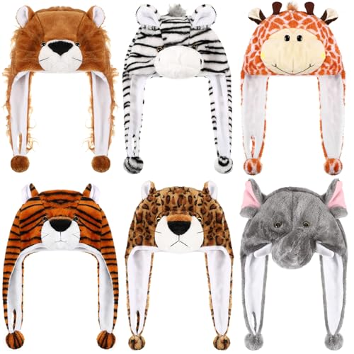 Newcotte 6 Pcs Kids Costume Hats Animal Hats Set Plush Fun Animal Headgear for Adults Teens Theme Party Christmas Halloween(Jungle Animal)
