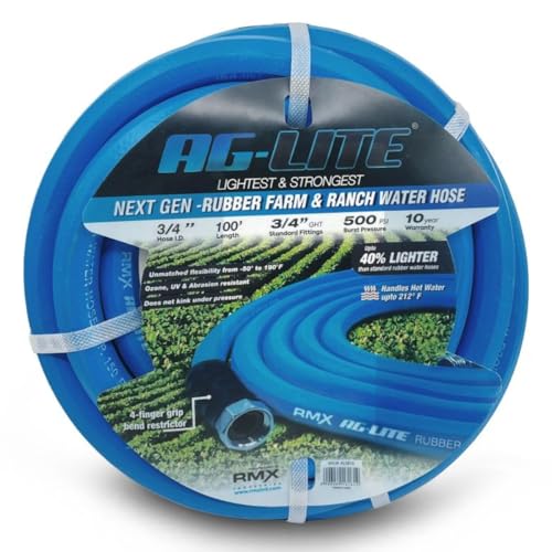AG-LITE BSAL34100 3/4" x 100' Hot/Cold Water Rubber Garden Hose, 100% Rubber, Ultra-Light, Super Strong, 500 PSI, 50F to 190F Degrees, High Strength Polyester Braided