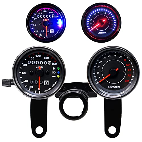 iztor Black gauges Combo for Motorcycle 13000 RPM Tachometer Speedometer Odometer with Backlit LED Indicators with Mounting Brackets for Yamaha SR XV RX Coffee Racer Suzuki Honda Kawasaki