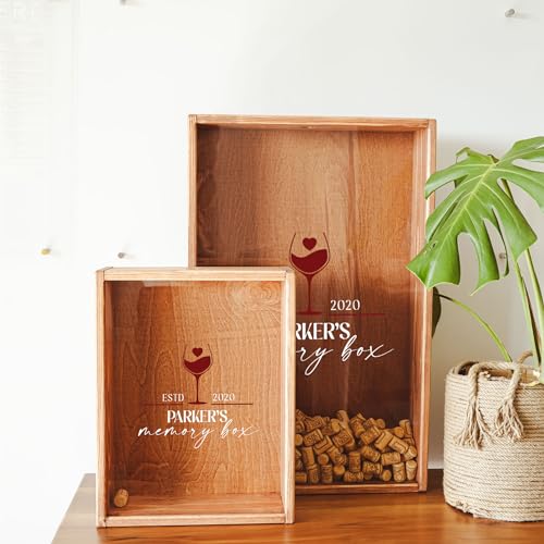 Customize Engraved Cork Memory Box for Couples – Personalized Solid Wood Display with Acrylic Front – Romantic Gift for Wedding, Anniversary, Engagement – Rustic Wall Decor Keepsake for Wine Lovers