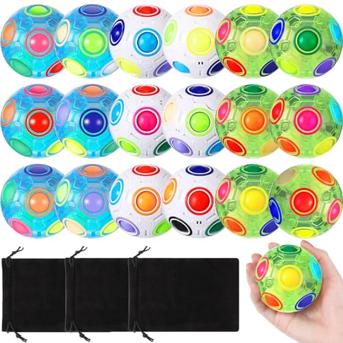 Lenwen 18 Pack Rainbow Puzzle Ball Magic with 3 Pack Pouches Fidget Toy for Kids Speed Cube Ball Funny Stress Reliever Christmas Stocking Stuffers for Kids Teen and Adults