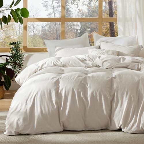 Bedsure 100% Stone Washed Cotton Duvet Cover King Size- Oatmeal Minimalist Cotton Duvet Cover Linen Like for All Seasons - GentleSoft™ Plain Simple Bedding, 3 Pieces (Oatmeal, King, 104"x90")