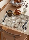 Coffee Theme Placemats Set of 6, Coffee Cup Bean Vintage Sketch Beige Placemats for Dining Table Place Mats for Kitchen Table Waterproof Table Mats, Wipeable Dining Table Set