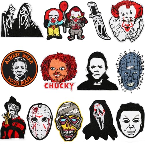 WEUOPG 13 PCS Embroidered Patches for Halloween, Horror Scary Movie Iron On/Sew On Applique Patches for T-Shirts Hats Backpacks Clothing, Ghostly Applique Patches for DIY Accessories