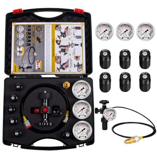 GRYVOZE Hydraulic Nitrogen Accumulator Charging Kit, Nitrogen Fill Kit, Pressure Test System, Gas Charge Tools with 7 Adapters, 3 Gauges, 1 Gas Hose and G5/8 Male to CGA580 Male Adapter
