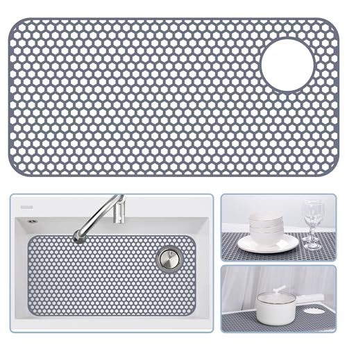 Bestjing Silicone Sink Protectors for Kitchen Sink - 28.4"x 14.3" Kitchen Protector Accessory, Non-Slip Heat Resistant Mat for Bottom of Farmhouse Porcelain Stainless Steel (Right & Left Drain)